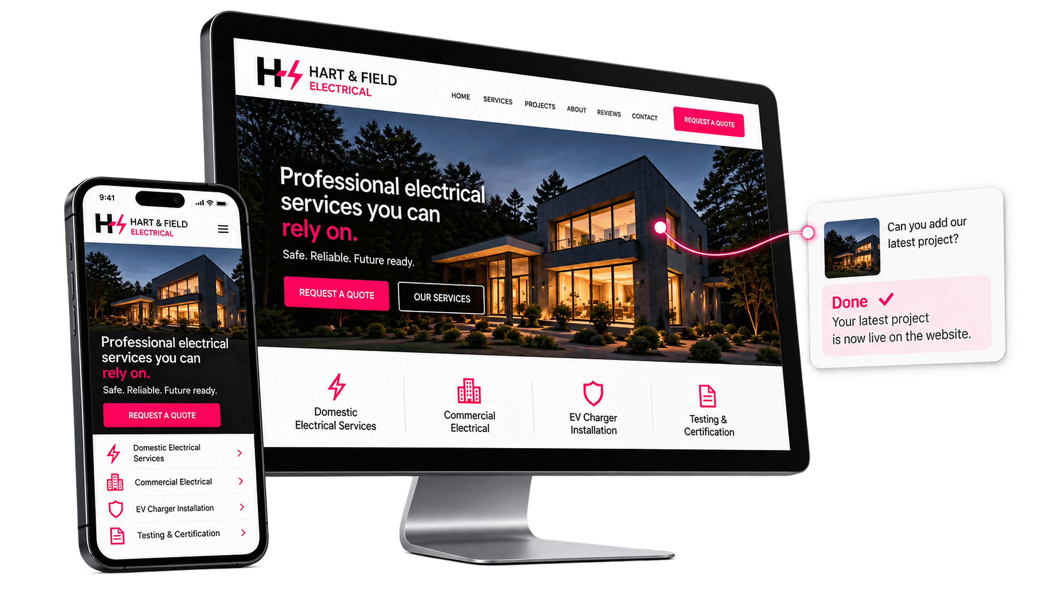 Managed website by Premium Creative showing a complete Hart & Field Electrical website on desktop and mobile with a completed content update request