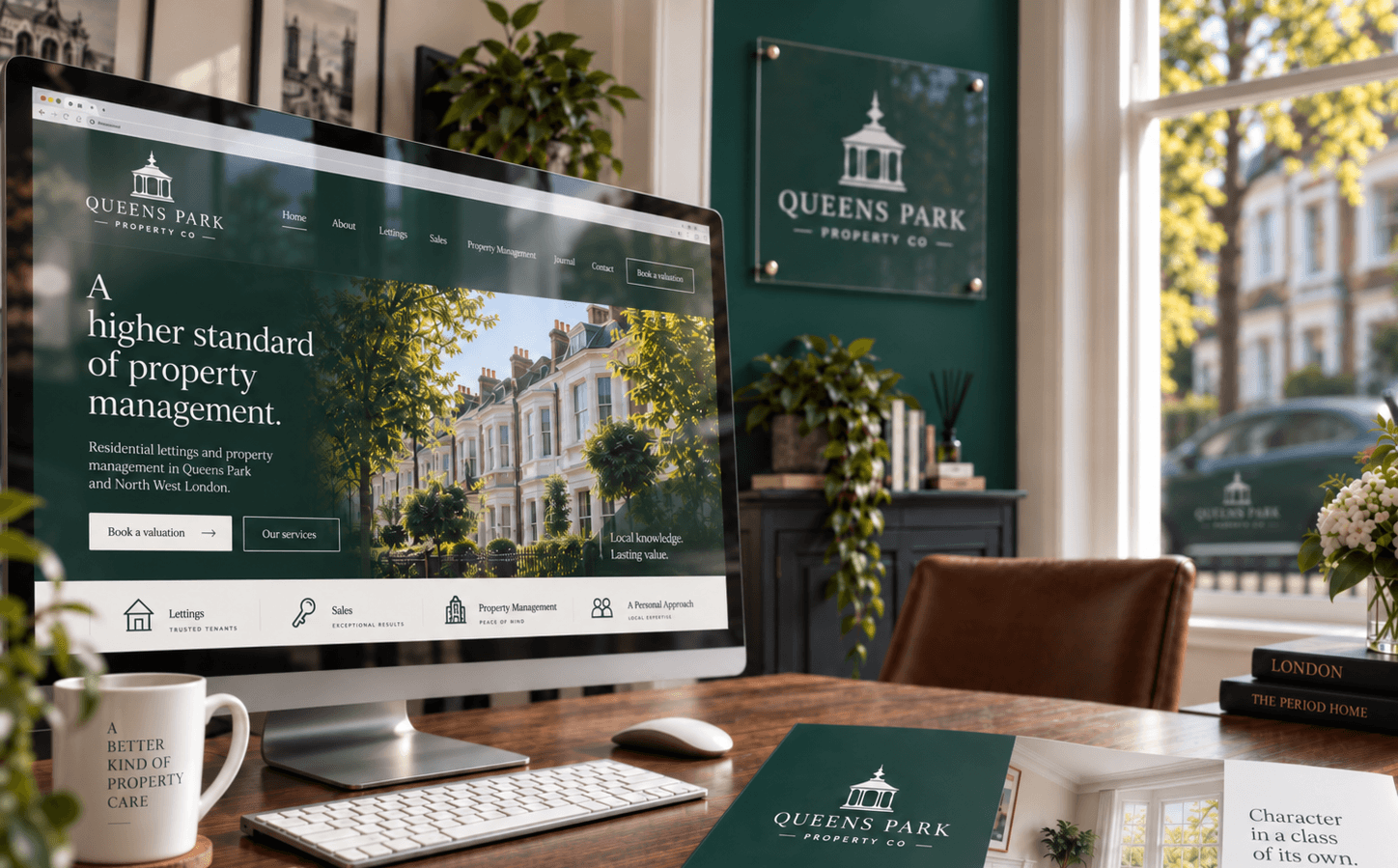 Queens Park Property Co brand identity shown across digital and office applications