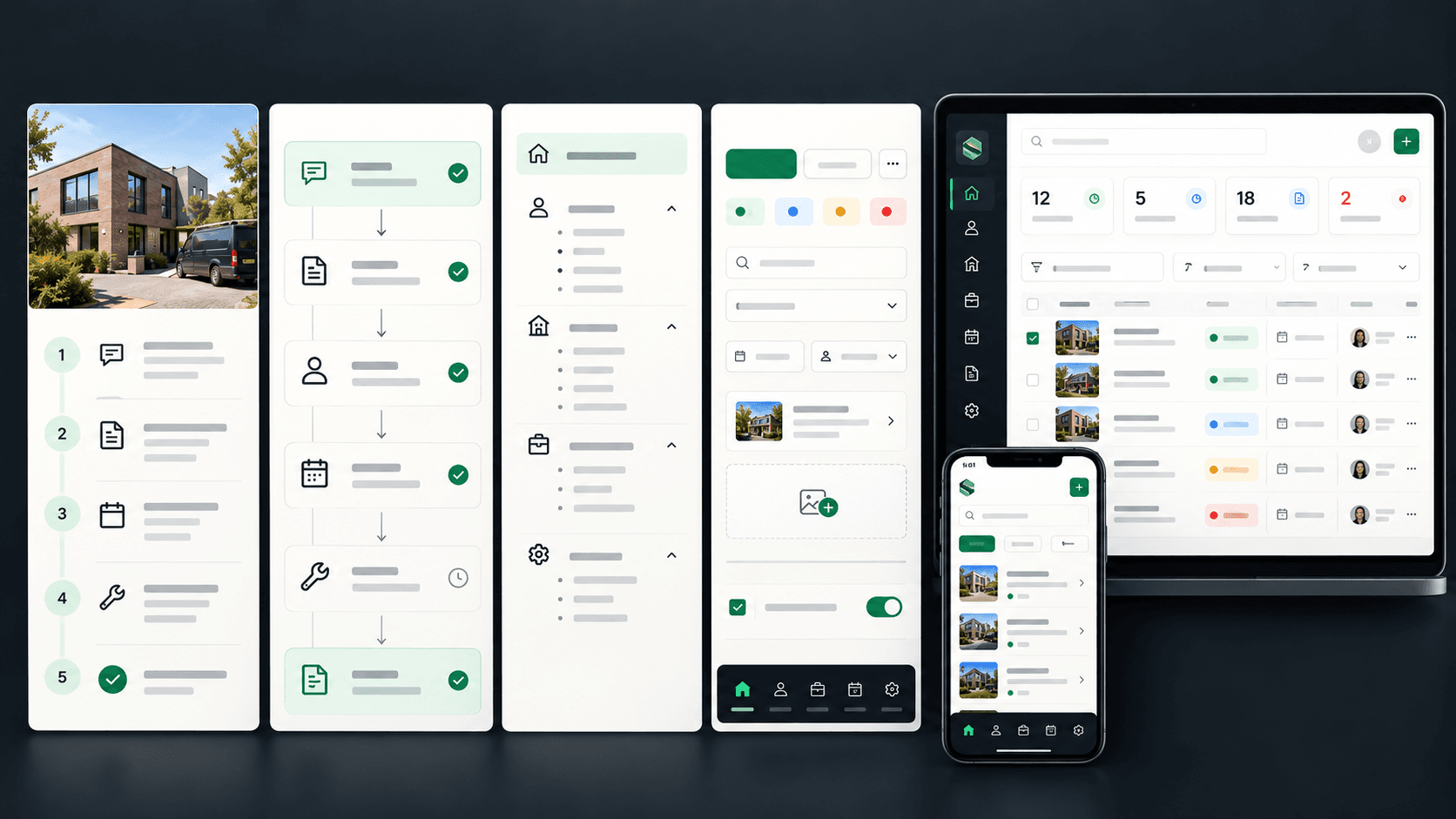 Visual progression from a real world service process through workflow and interface design to finished desktop and mobile digital systems