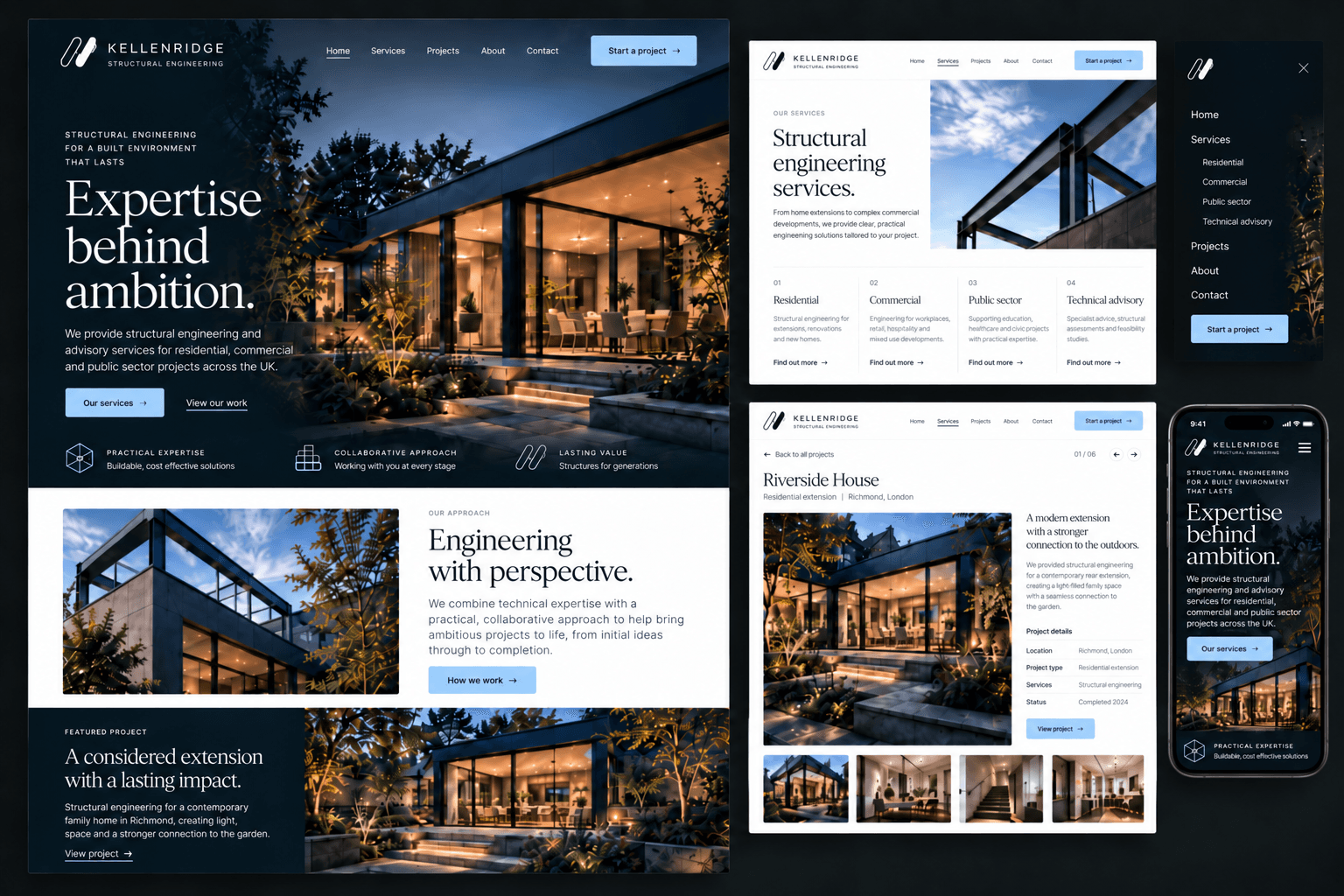Premium website system presentation showing a coherent fictional UK business across desktop, service pages, mobile screens and reusable interface components