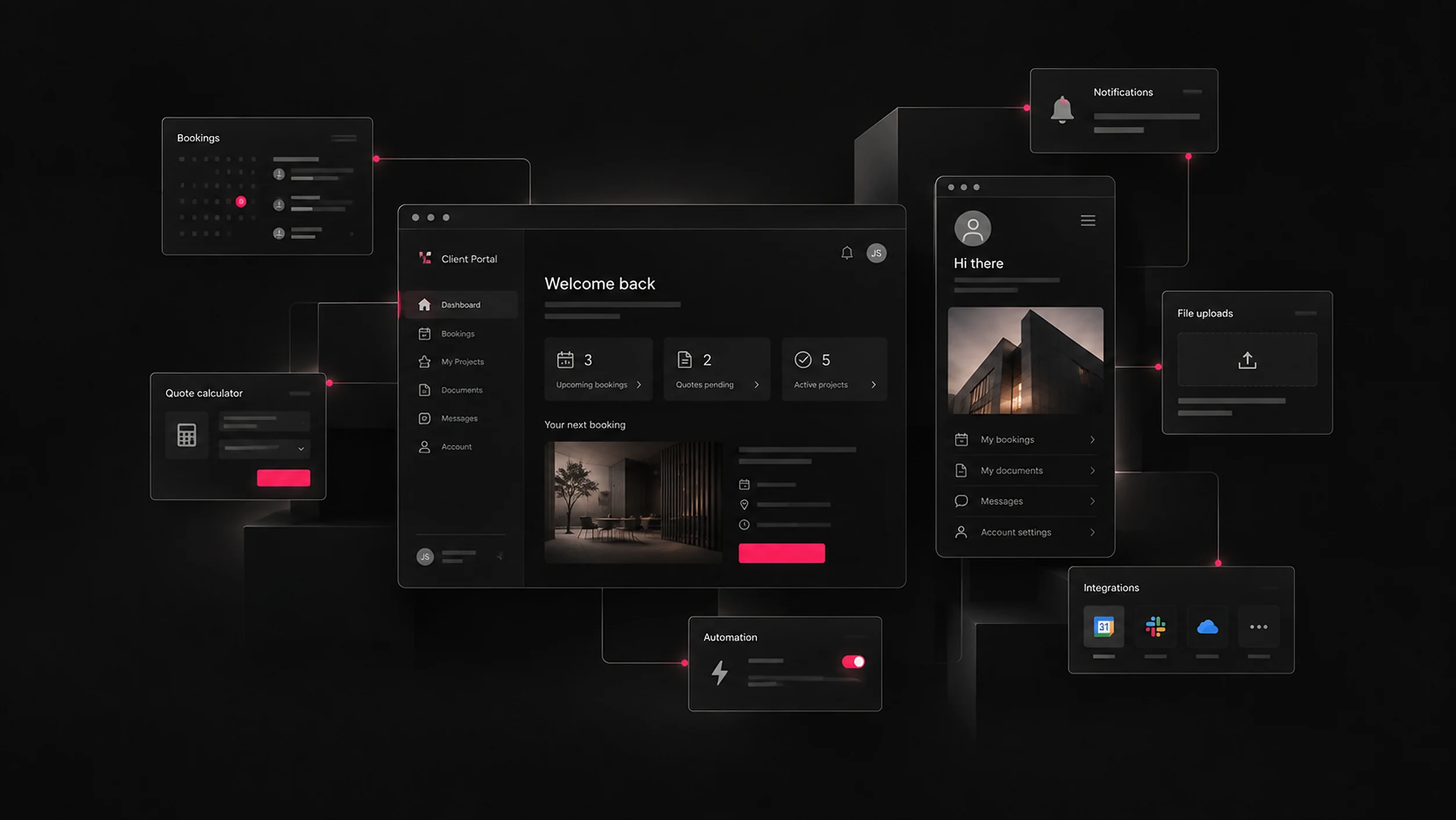 A bespoke client portal with bookings, documents, messages and mobile access