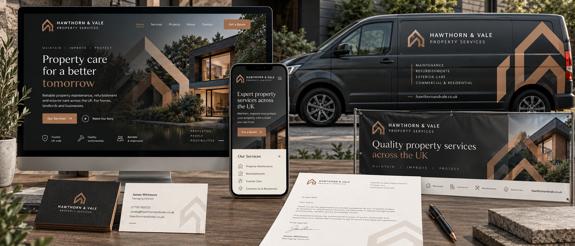 Hawthorn and Vale fictional brand identity applied consistently across website, mobile, vehicle graphics, banner, business card and branded document