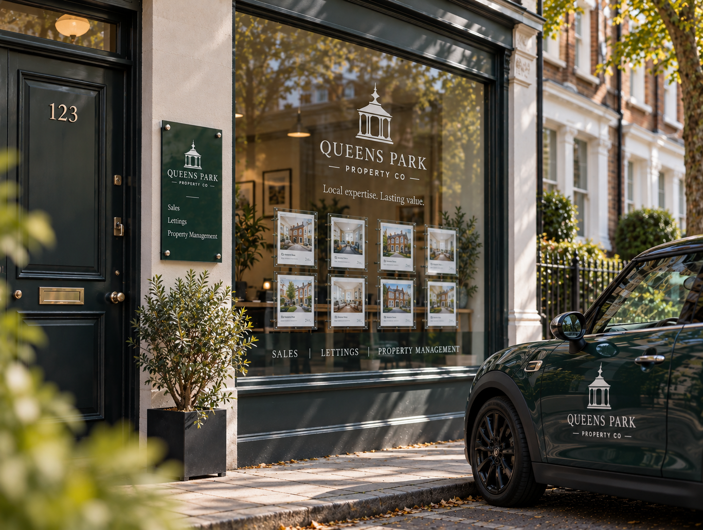 Queens Park Property Co physical brand application concept with plaque, window graphics and branded car