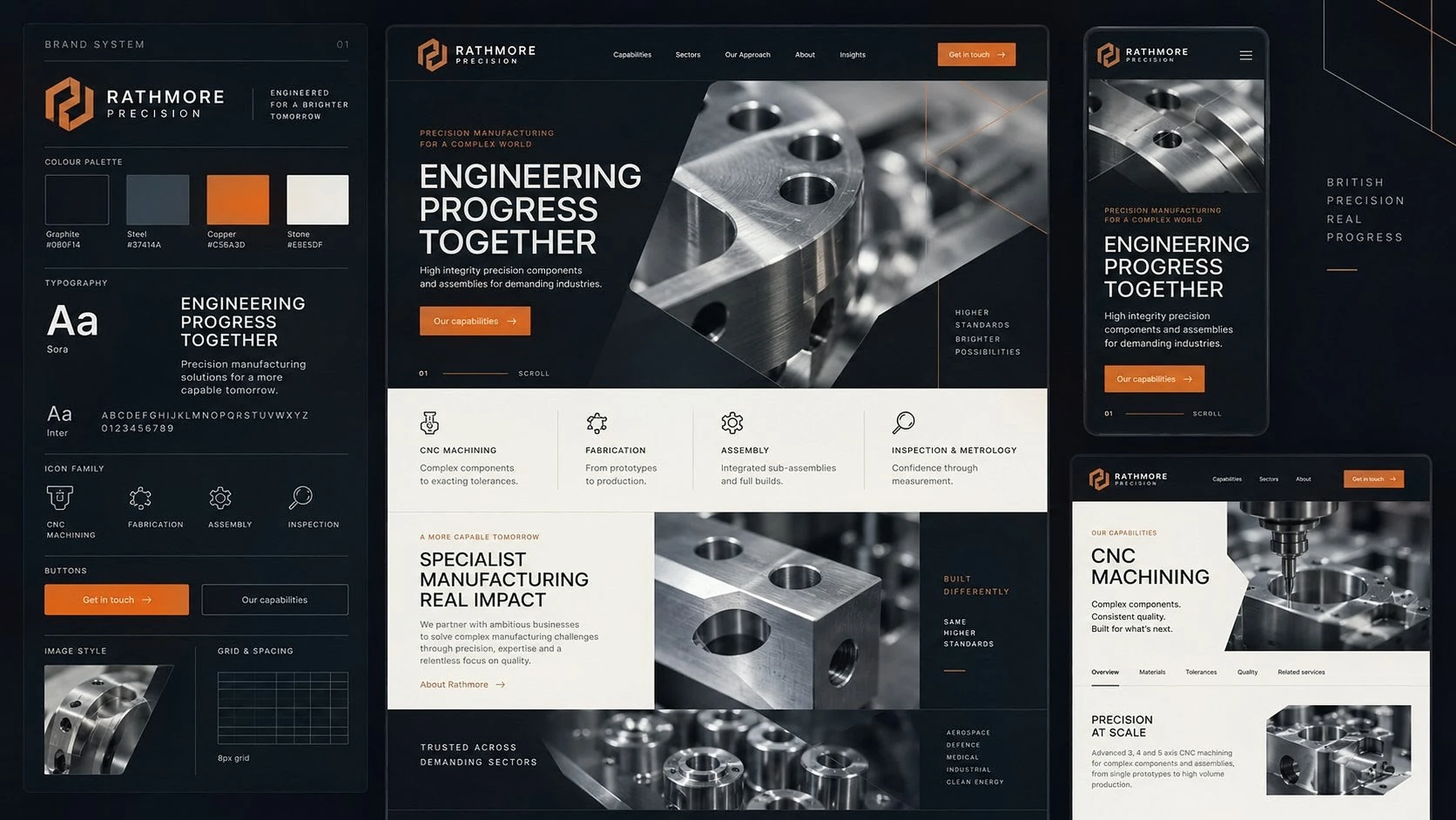 A brand and interface system translated into a finished responsive engineering website